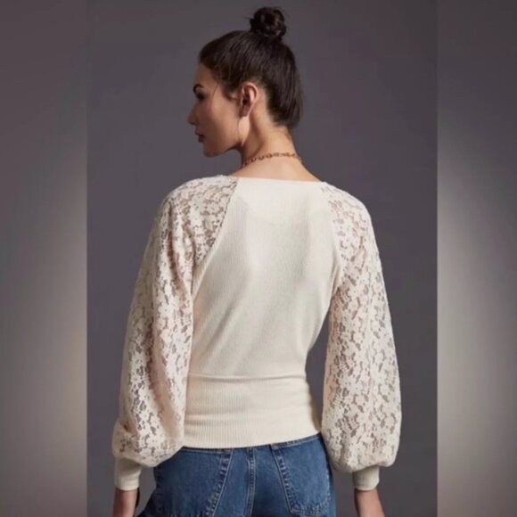Anthropologie Lace Sleeve Ribbed Knit Surplice Cocktail Top Cream Wrap Sweater - Picture 2 of 10